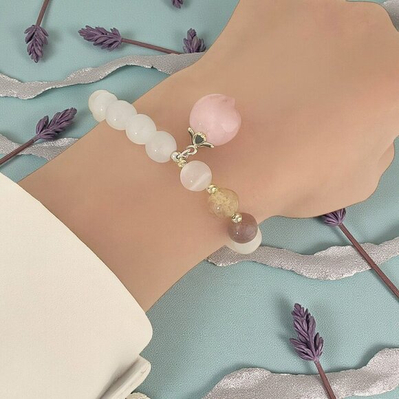 Elegant Natural Opal Beaded Dainty Stretchy Bracelet with Pink Peach Charm - Picture 3 of 9